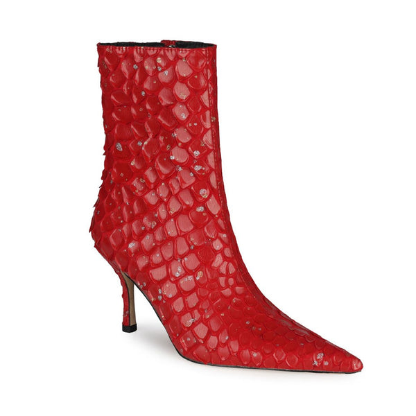 Sparkly Diamante Effect Mermaid Scale Pointed Heeled Ankle Boots - Red