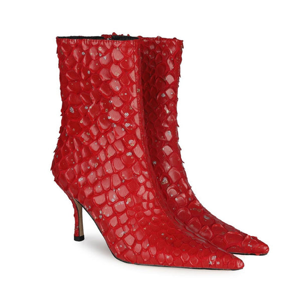 Sparkly Diamante Effect Mermaid Scale Pointed Heeled Ankle Boots - Red