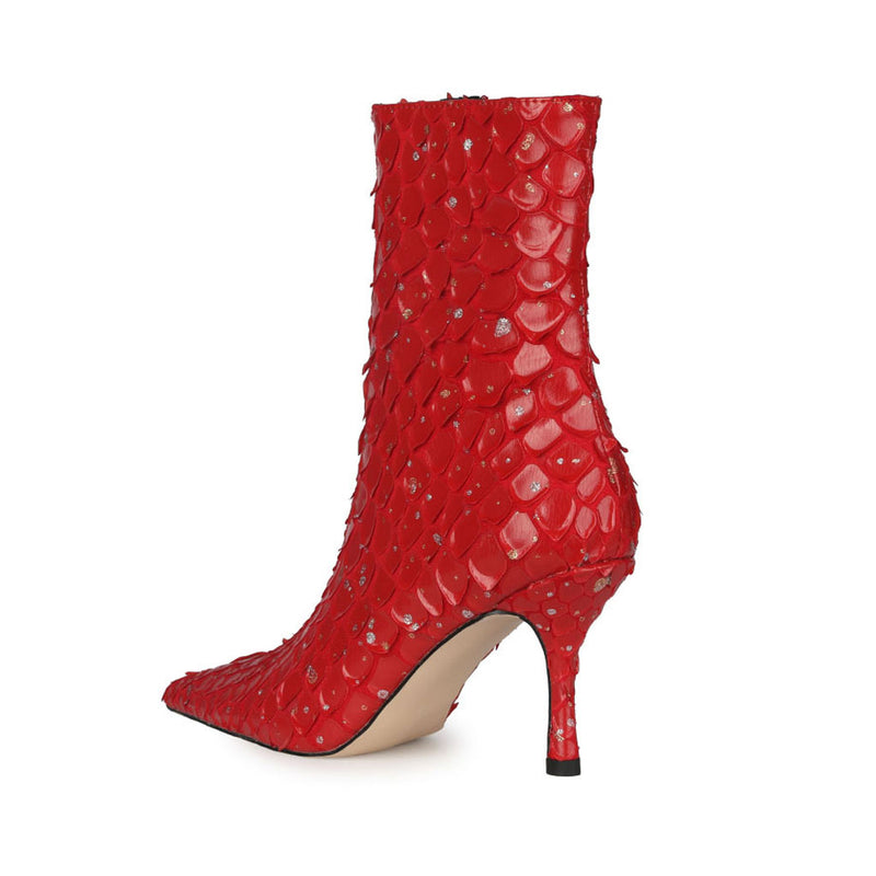 Sparkly Diamante Effect Mermaid Scale Pointed Heeled Ankle Boots - Red