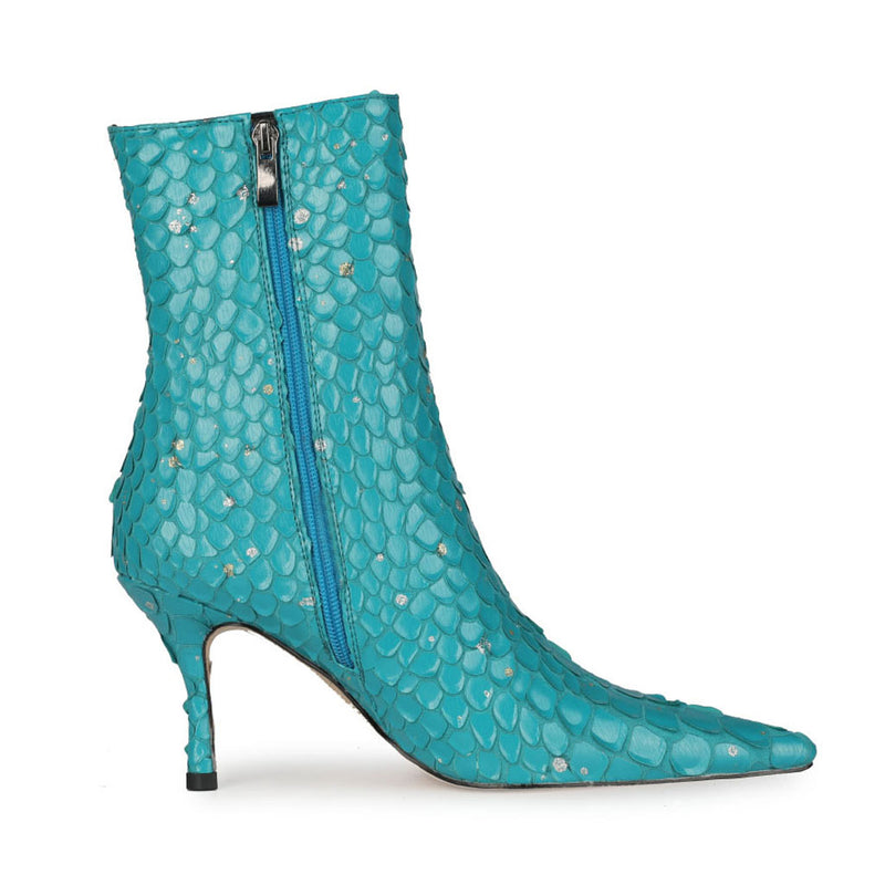 Sparkly Diamante Effect Mermaid Scale Pointed Heeled Ankle Boots - Teal