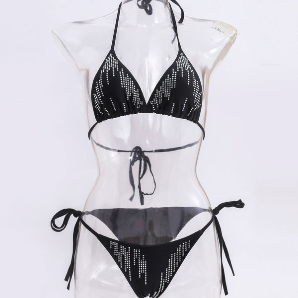 Sparkly Embellished Strappy Sliding Triangle Bikini Set - Black
