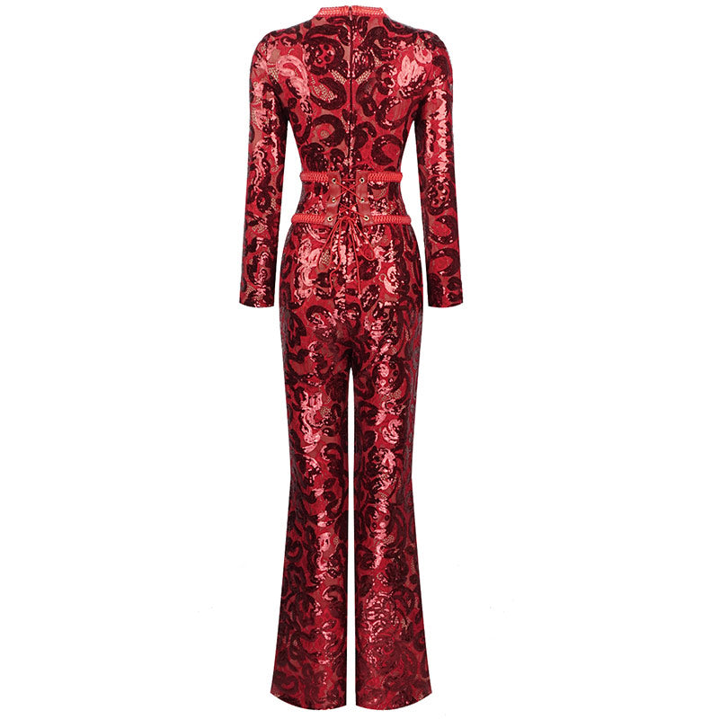 Sparkly Lace Embellished Long Sleeve Flare Sequin Bandage Jumpsuit - Red
