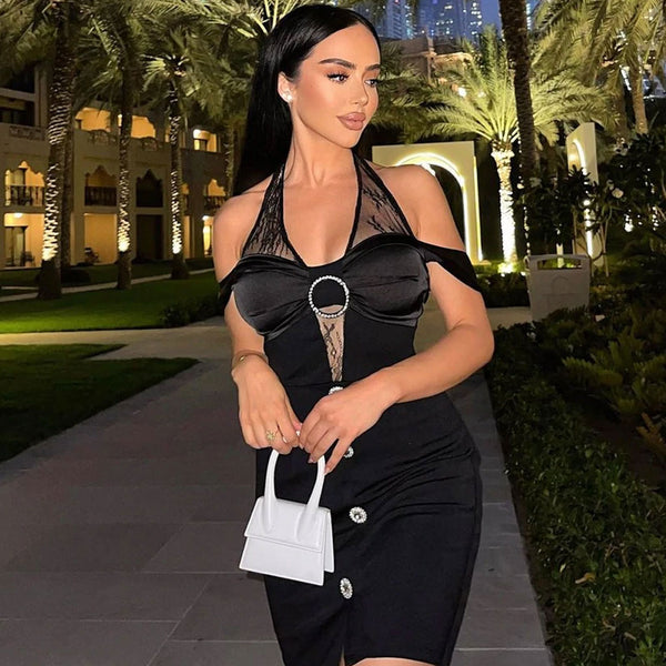 Sparkly Lace Halter Neck Crystal Trim Slit Party Mini Dress - Black