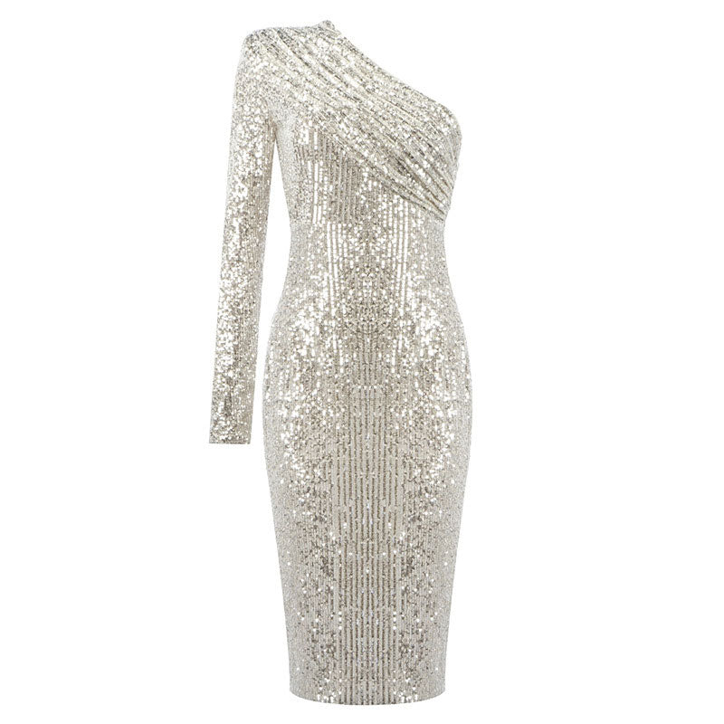 Sparkly One Shoulder Long Sleeved Bodycon Sequin Midi Dress