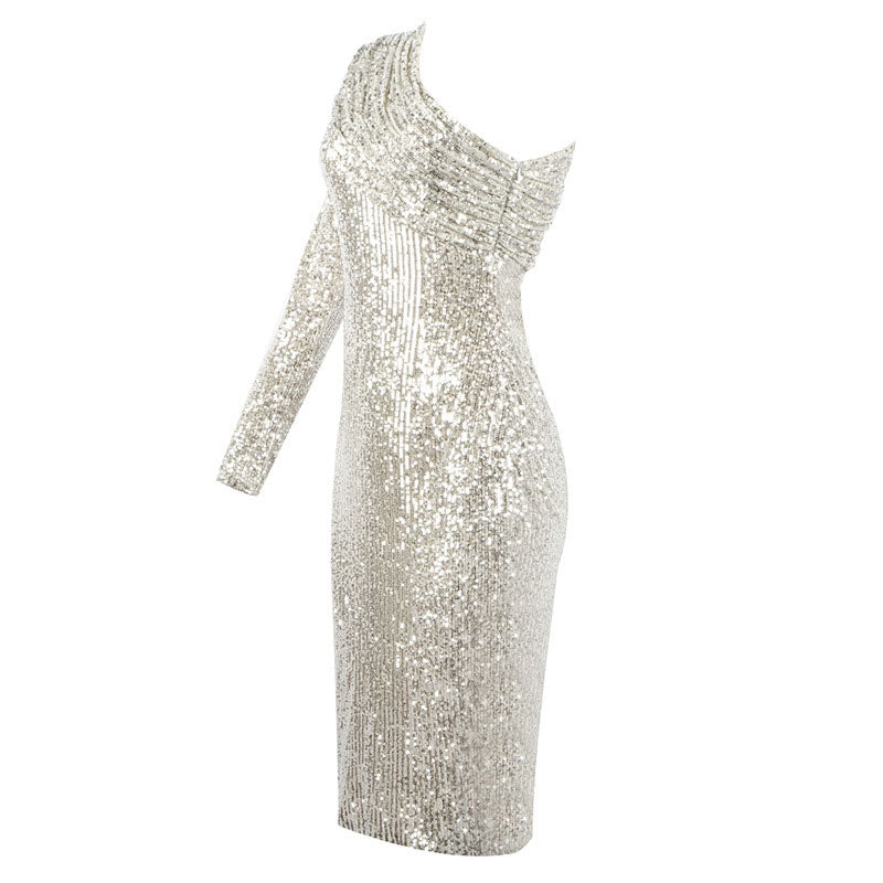 Sparkly One Shoulder Long Sleeved Bodycon Sequin Midi Dress - Silver –  Luxedress