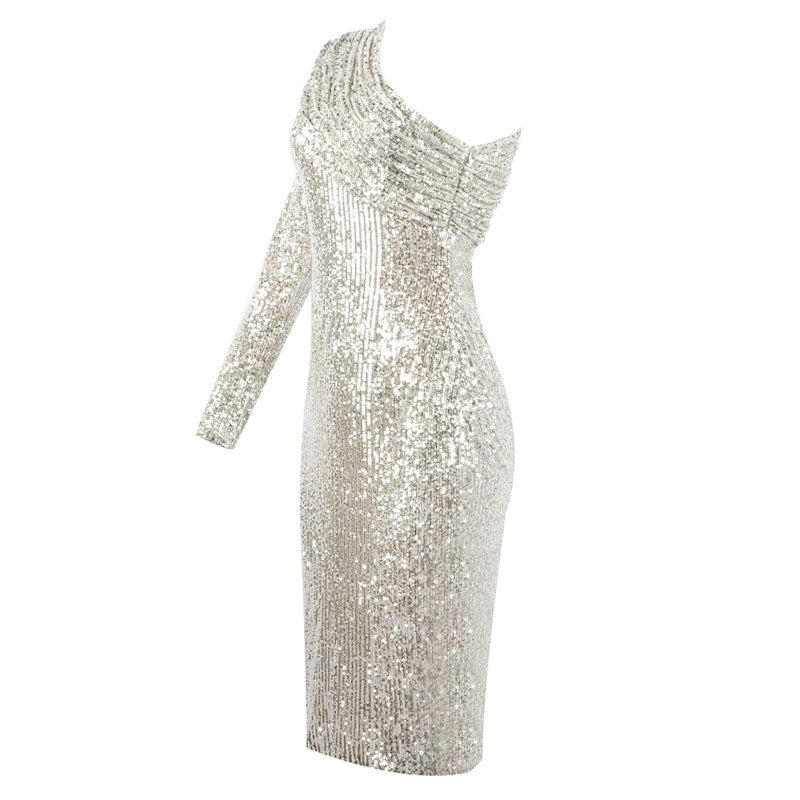 Sparkly One Shoulder Long Sleeved Bodycon Sequin Midi Dress - Silver