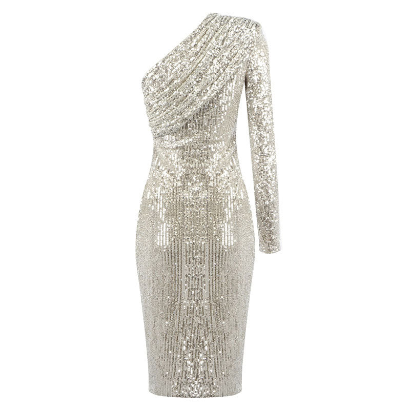 Sparkly One Shoulder Long Sleeved Bodycon Sequin Midi Dress - Silver