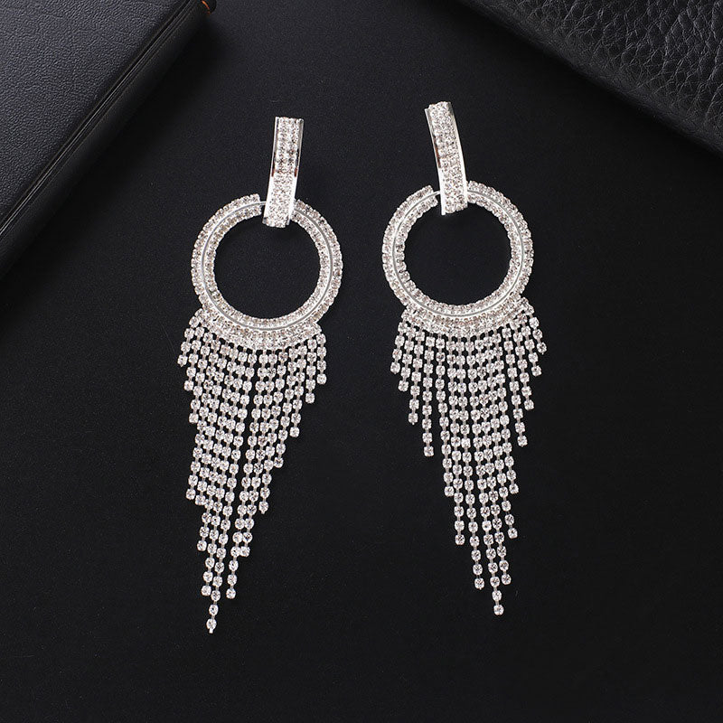 Sparkly Plated Crystal Embellished Hoop Fringe Dangle Earrings - Silver