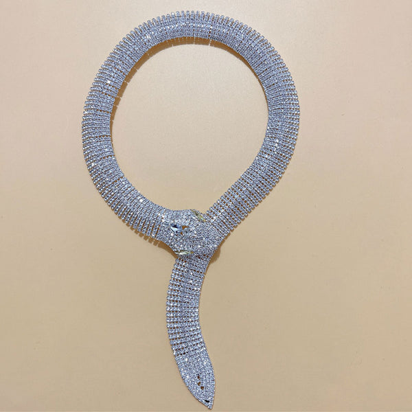 Sparkly Plated Crystal Embellished Snake Shape Necklace - Silver