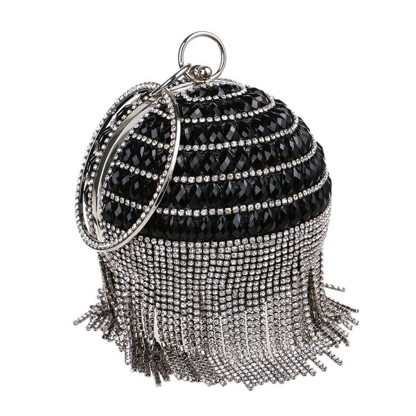 Sparkly Rhinestone Beaded Fringe Round Evening Clutch Bag - Black