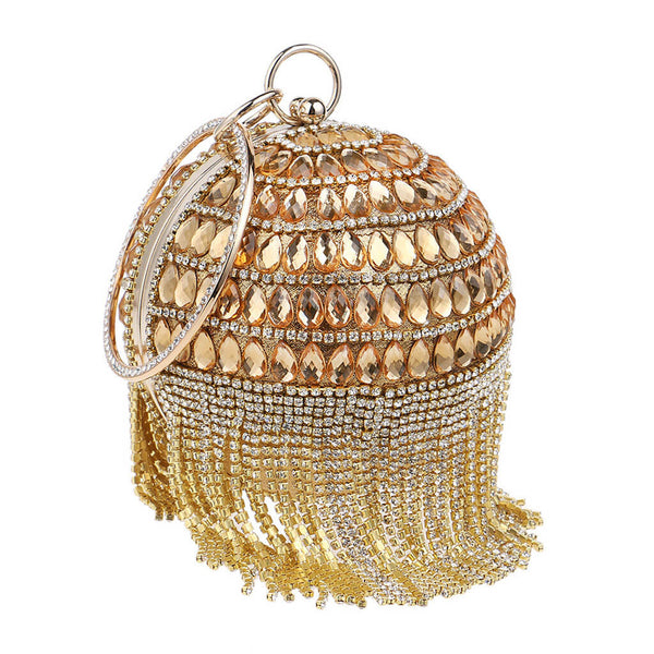 Sparkly Rhinestone Beaded Fringe Round Evening Clutch Bag - Gold