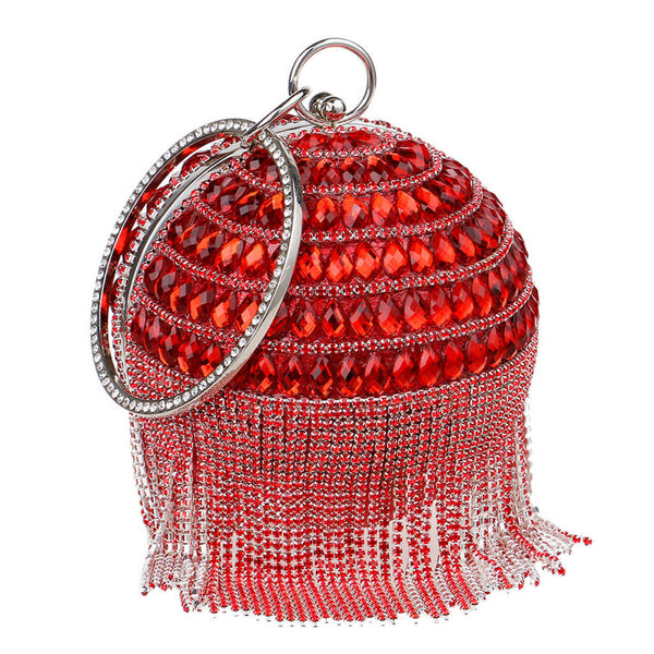 Sparkly Rhinestone Beaded Fringe Round Evening Clutch Bag - Red