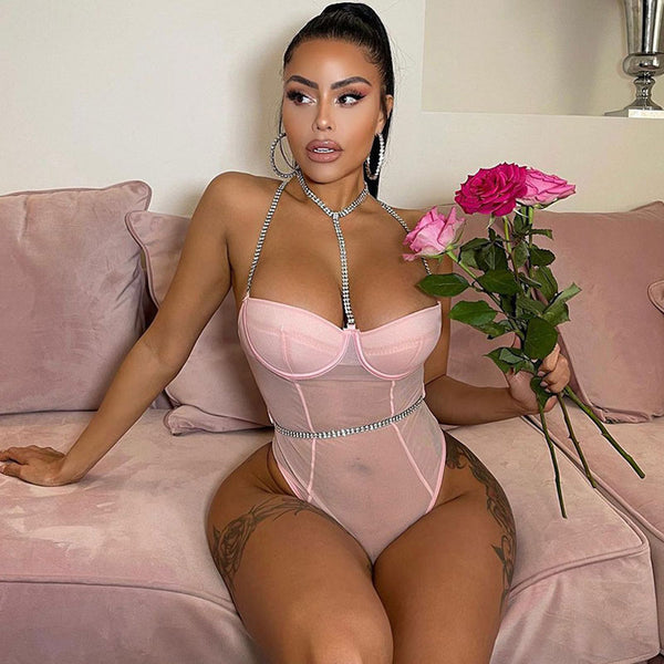 Sparkly Rhinestone Cross Strap Underwire Sheer Lingerie Teddy - Pink