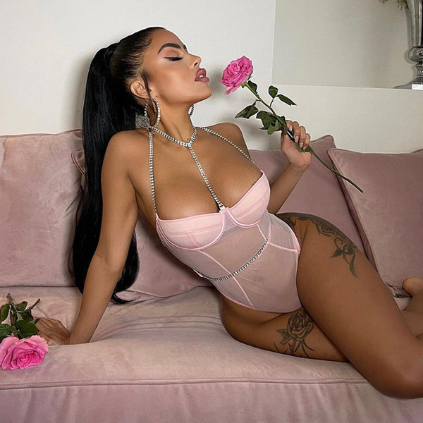 Sparkly Rhinestone Cross Strap Underwire Sheer Lingerie Teddy - Pink