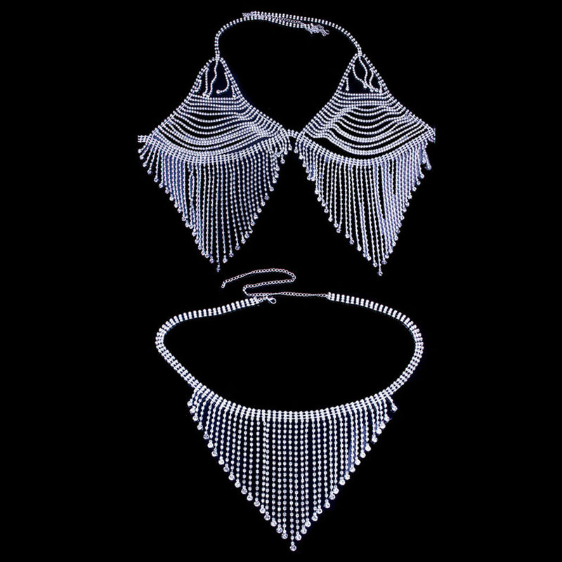 Luxedress Sparkly Rhinestone Cutout Tassel Triangle Bikini Set - White