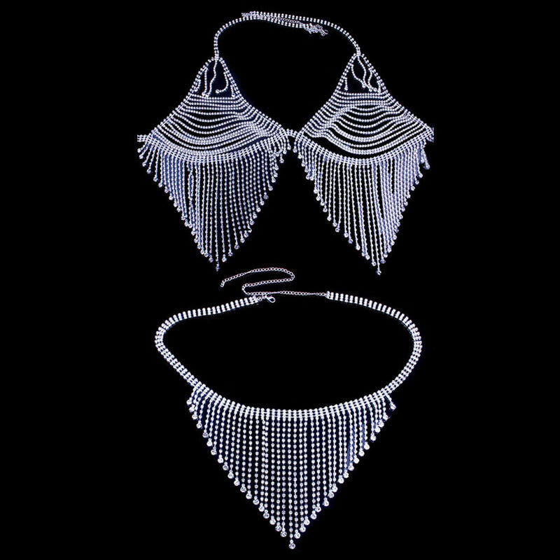 Sparkly Rhinestone Cutout Tassel Triangle Bikini Set - White