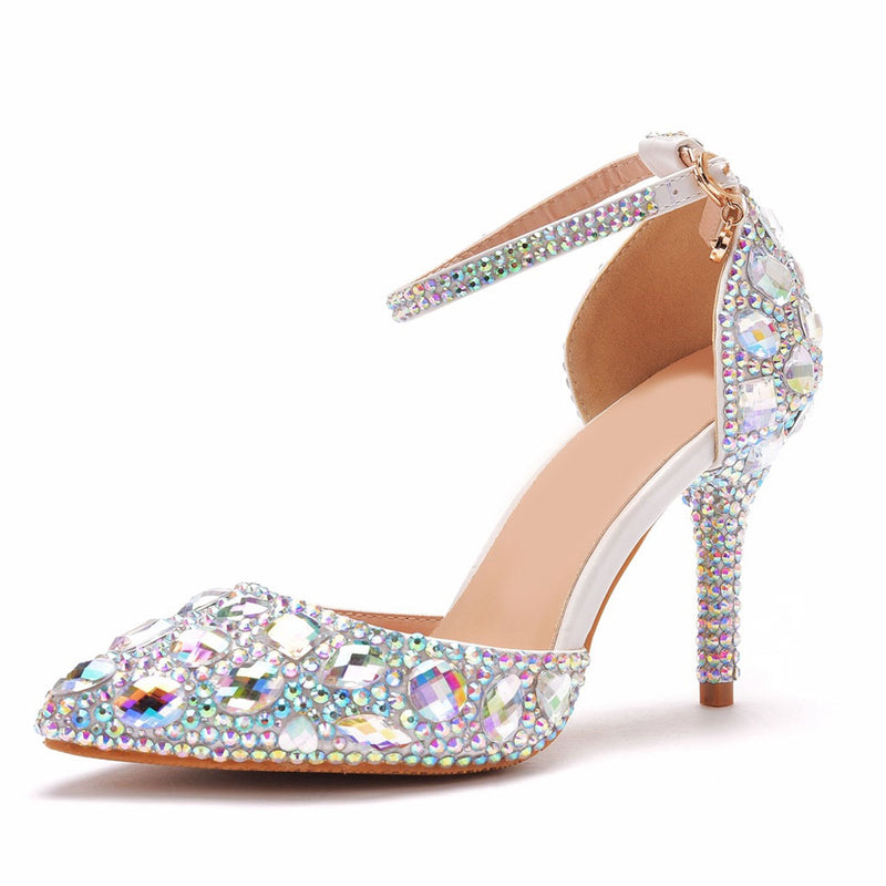 Sparkly Rhinestone Embellished Ankle Strap Stiletto Pumps