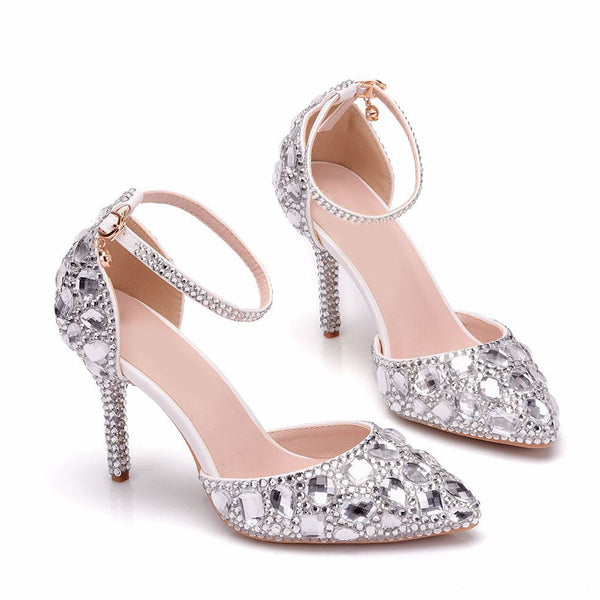 Sparkly Rhinestone Embellished Ankle Strap Stiletto Pumps - White