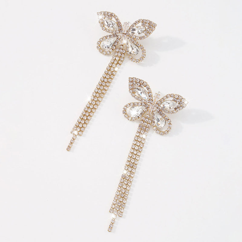 Sparkly Rhinestone Embellished Butterfly Tassel Earrings - Gold