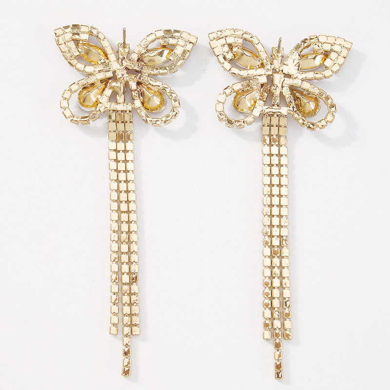 Sparkly Rhinestone Embellished Butterfly Tassel Earrings - Gold