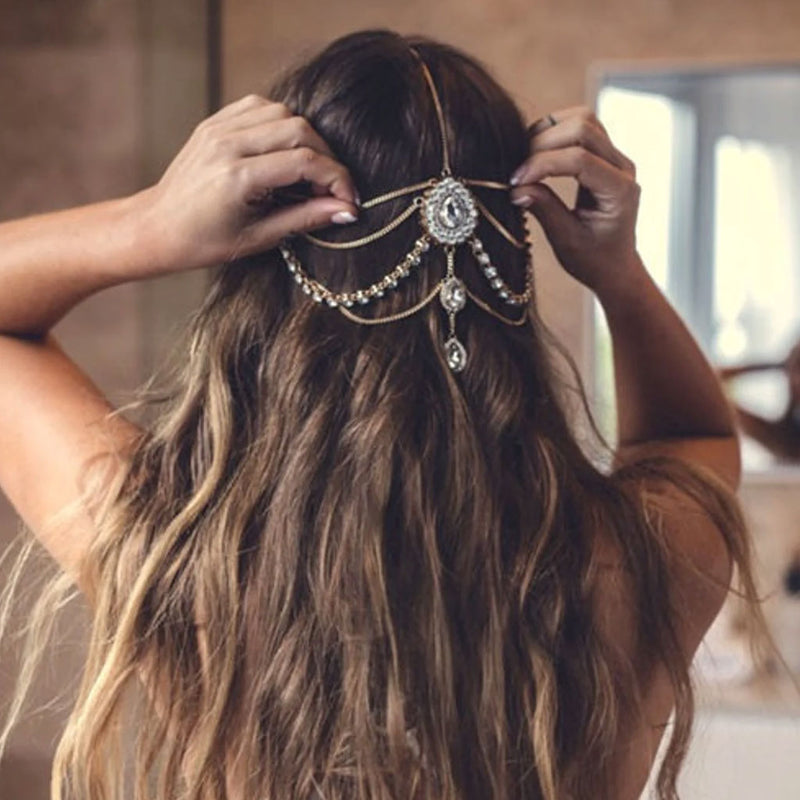 Sparkly Rhinestone Embellished Fringe Layered Hair Chain - Gold