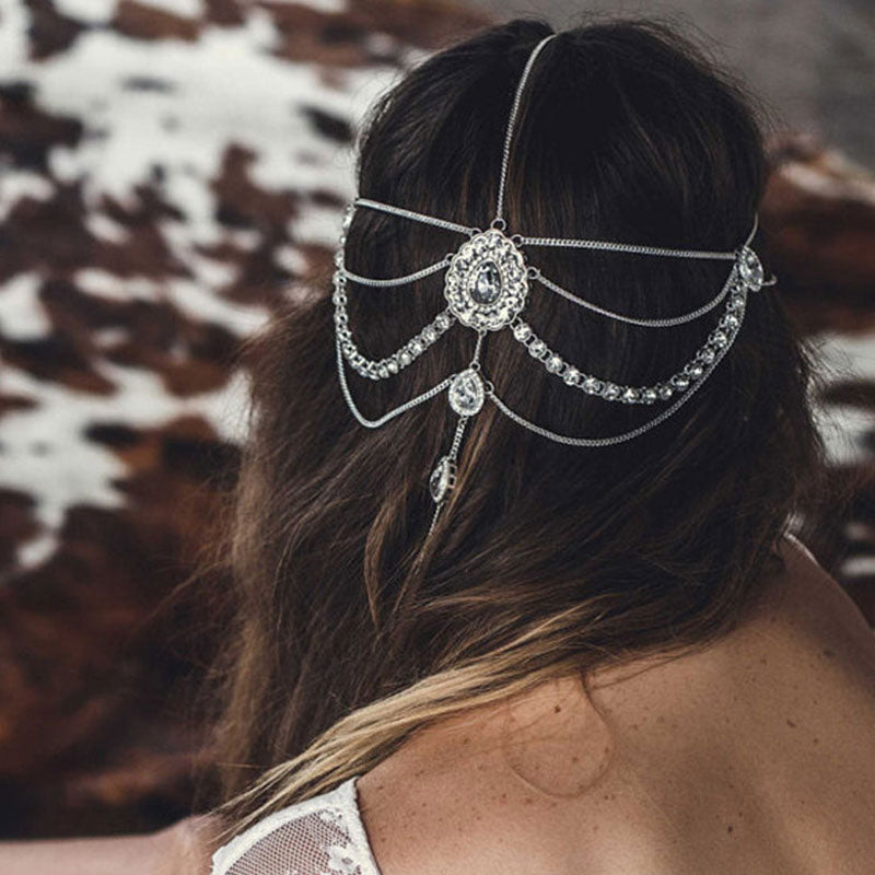 Sparkly Rhinestone Embellished Fringe Layered Hair Chain - Silver