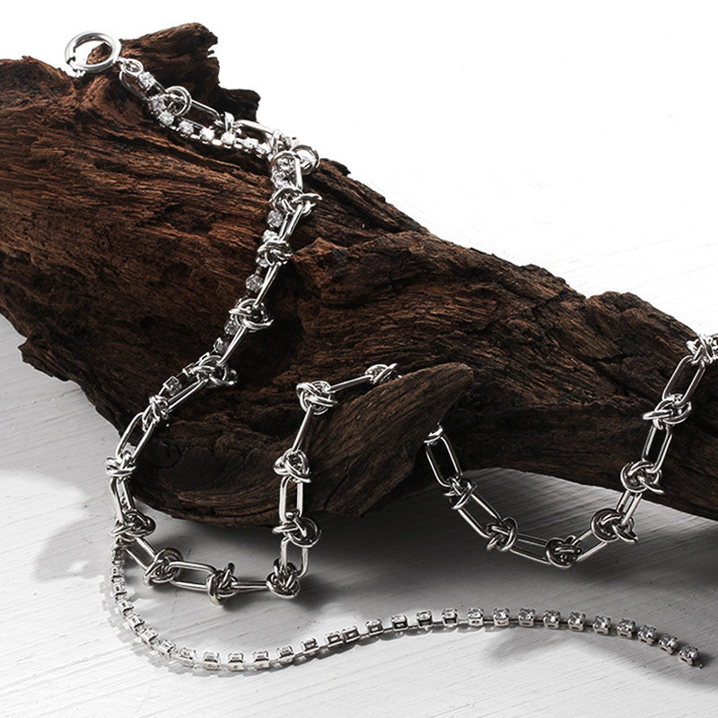 Sparkly Rhinestone Embellished Layered Chain Choker Necklace - Silver