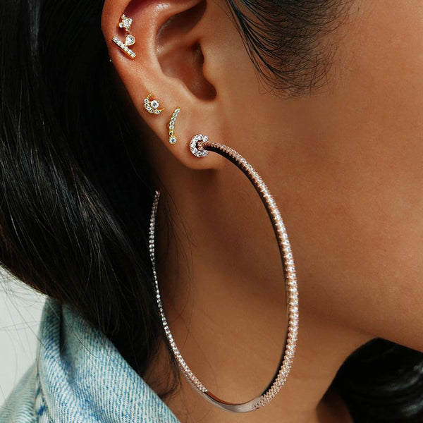 Sparkly Rhinestone Embellished Metal Hoop Earrings - Silver