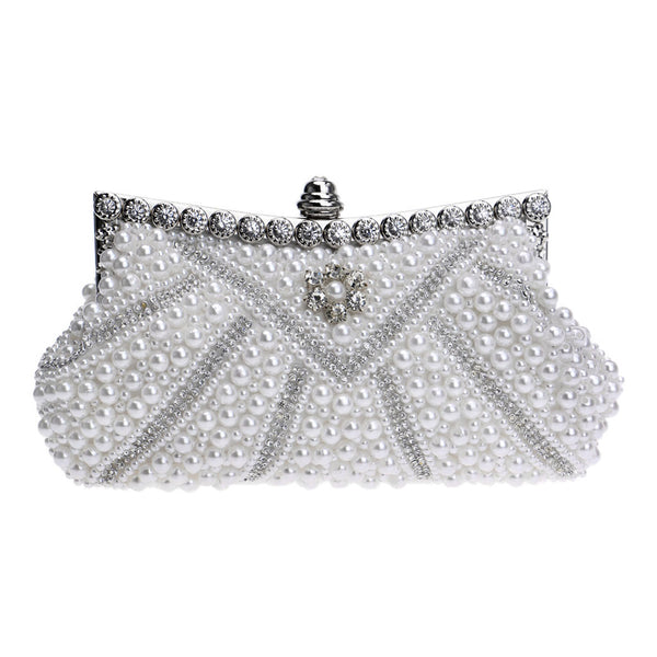 Sparkly Rhinestone Embellished Pearlized Beaded Mini Clutch - White