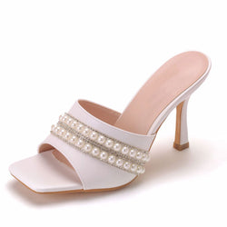 Sparkly Rhinestone Embellished Square Toe High Heel Mules - White