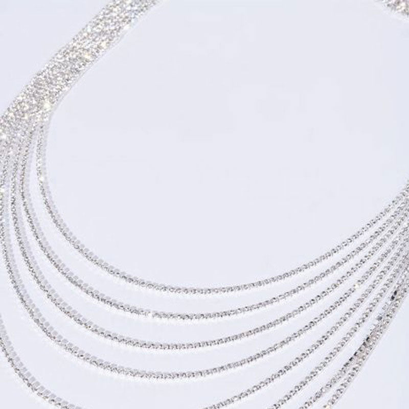 Sparkly Rhinestone Embellished Tassel Layered Backdrop Necklace - Silver