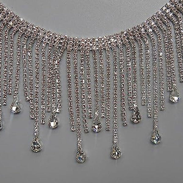 Sparkly Rhinestone Embellished Waterfall Fringe Choker Necklace - Silver