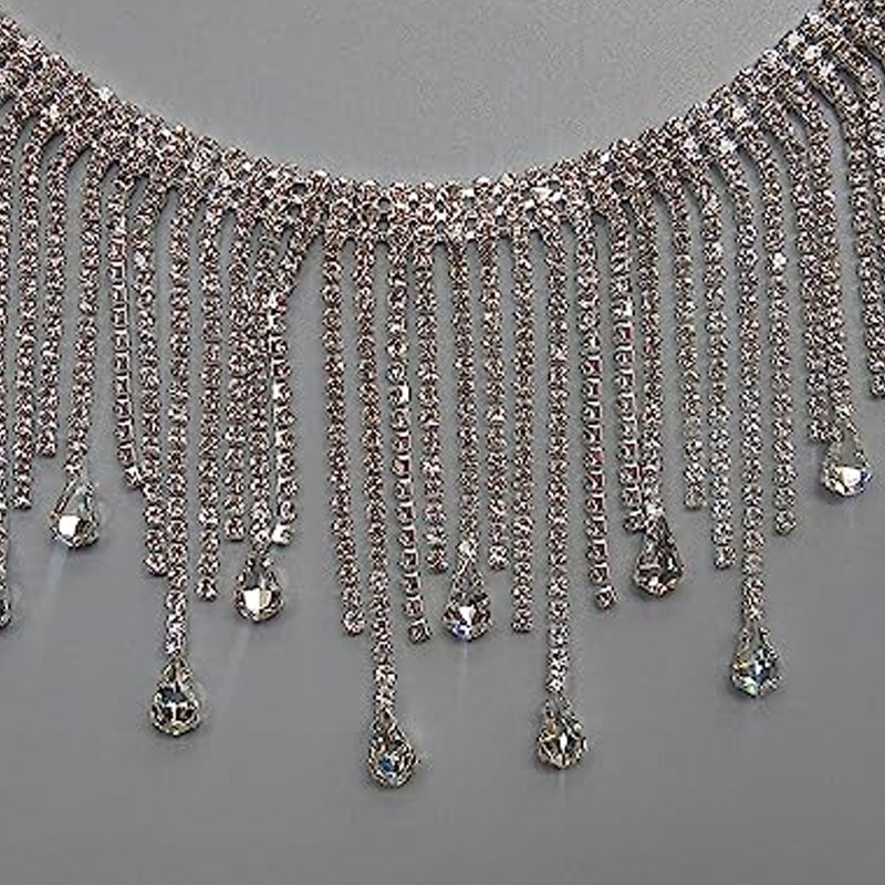Sparkly Rhinestone Embellished Waterfall Fringe Choker Necklace - Silver