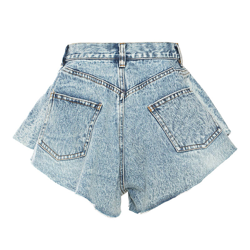 Sparkly Rhinestone Fringe High Waist Ruffle Wide Leg Denim Shorts