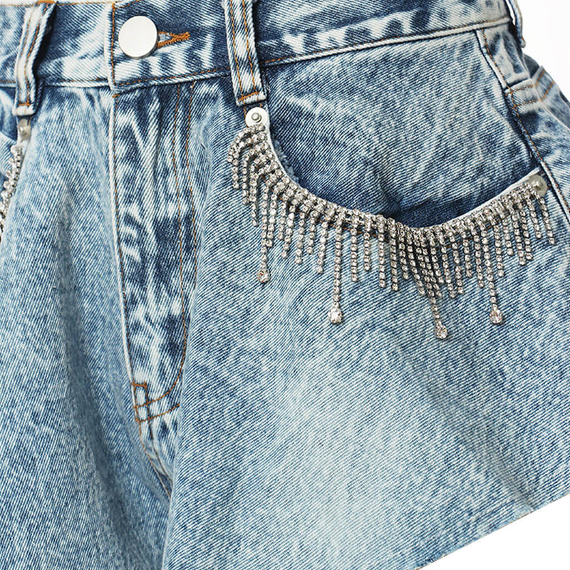 The Edge Of Rhinestone Fringe Shorts In Denim