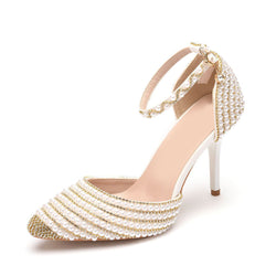 Sparkly Rhinestone Pearlized Ankle Strap Stiletto Pumps - Gold