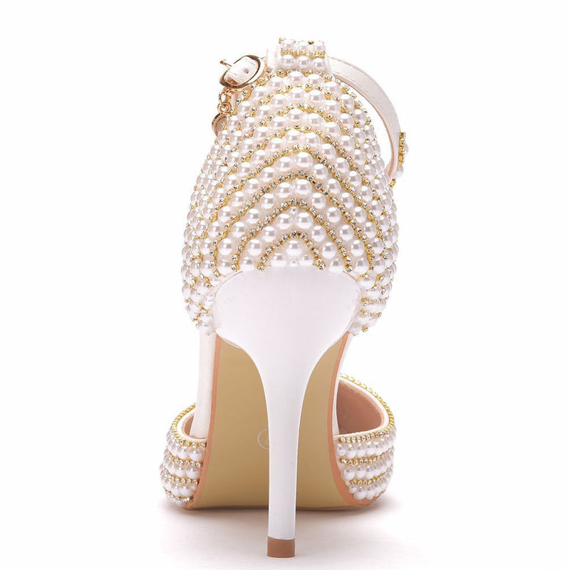 Sparkly Rhinestone Pearlized Ankle Strap Stiletto Pumps - Gold