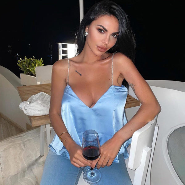 Sparkly Rhinestone Strap High Low Ruffle Satin Tank Top - Blue