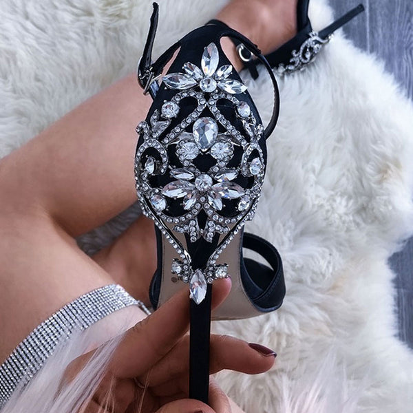 Sparkly Satin Open Toe Gem Embellished Stiletto Sandals - Black