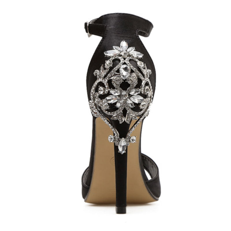 Sparkly Satin Open Toe Gem Embellished Stiletto Sandals - Black