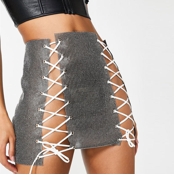 Sparkly Sequin Cutout Crisscross Self Tie Mini Skirt - Black