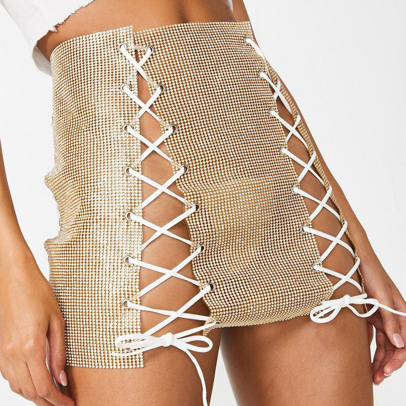 Sparkly Sequin Cutout Crisscross Self Tie Mini Skirt - Gold