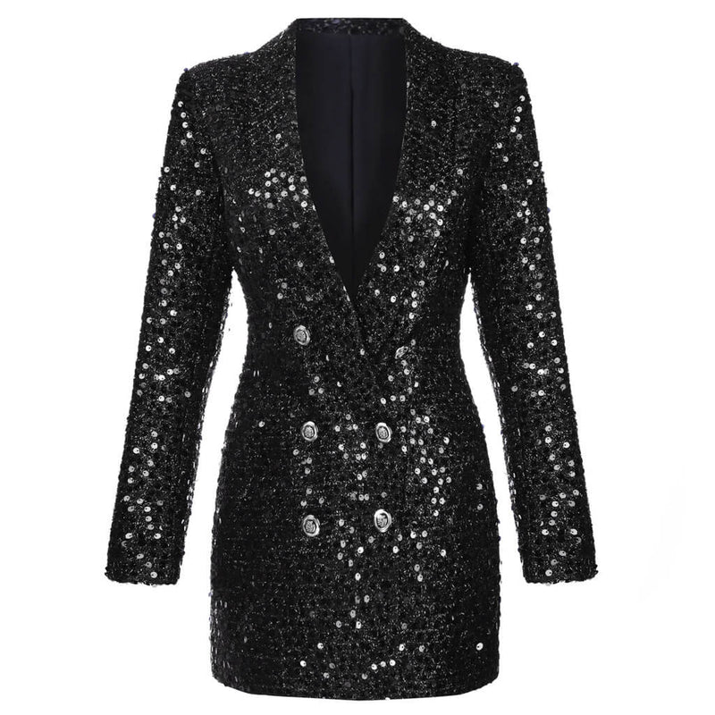 Sparkly Sequin Embellished Double Breast Blazer Jacket - Black
