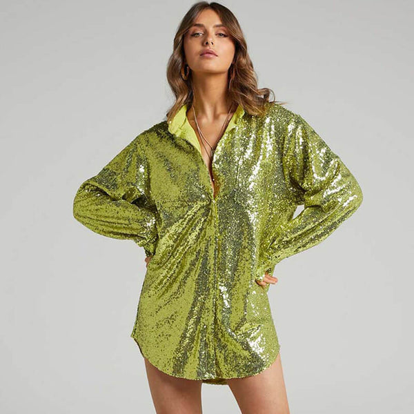 Sparkly Sequin Long Sleeve Button Down Party Shirt - Green