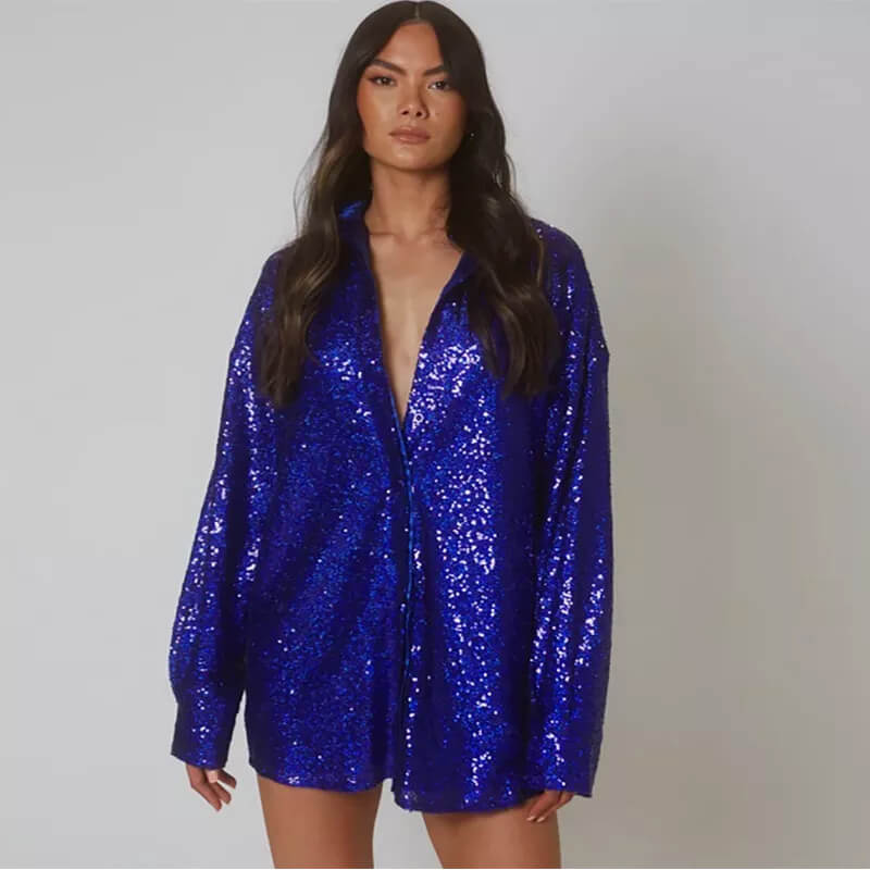 Sparkly Sequin Long Sleeve Button Down Party Shirt - Royal Blue