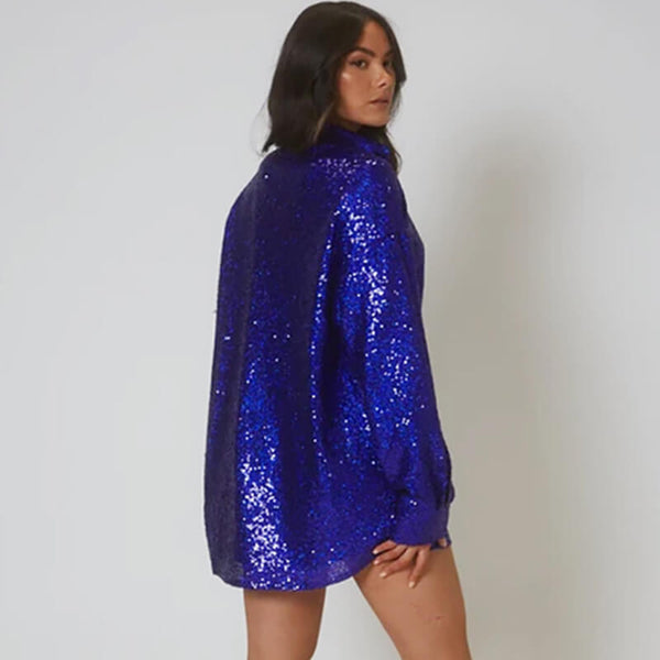 Sparkly Sequin Long Sleeve Button Down Party Shirt - Royal Blue