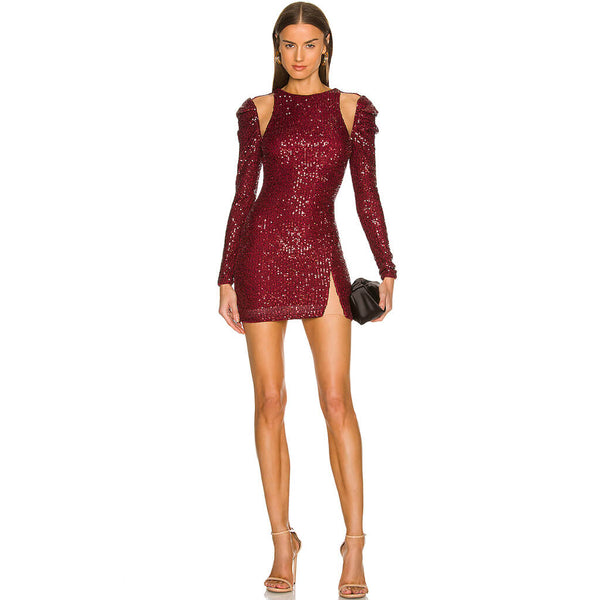 Sparkly Sequin Mesh Splicing Long Sleeve Cocktail Mini Dress - Burgundy