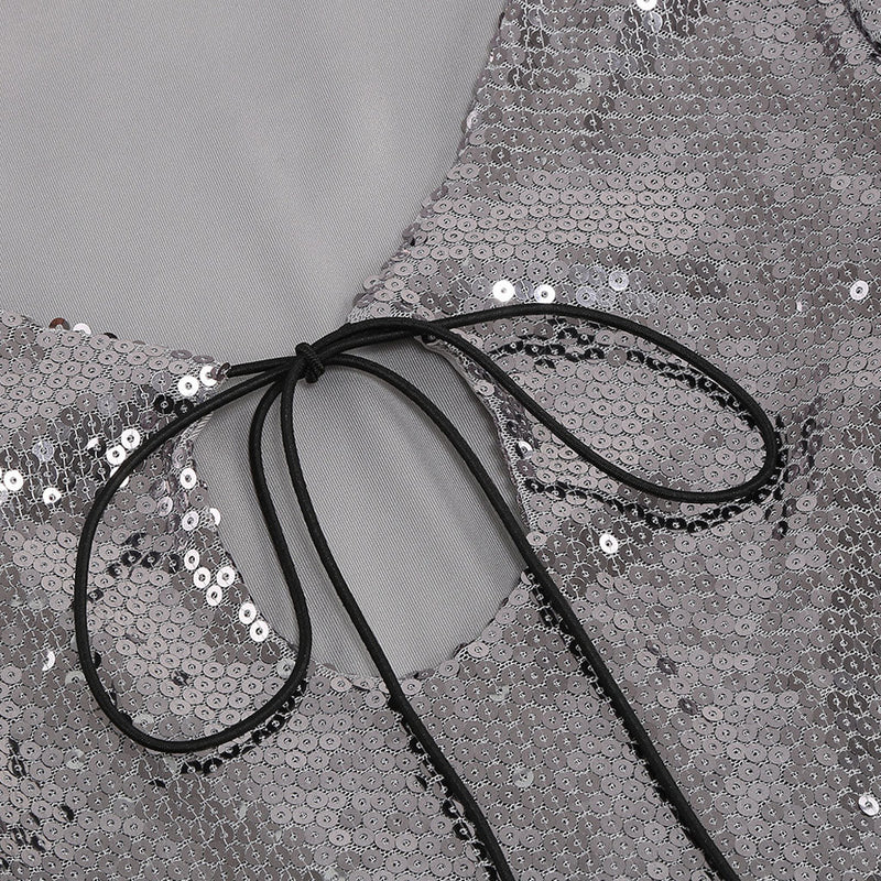 Sparkly Tie Front Keyhole Round Neck Shoulder Pad Split Long Sleeve Mini Sequin Dress