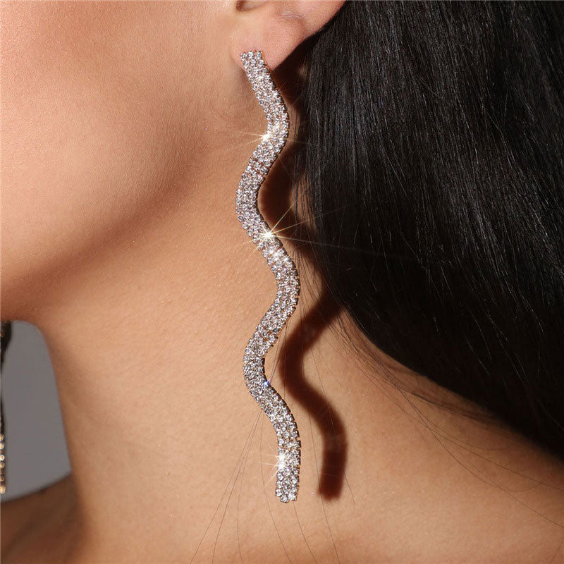 Sparkly Wavy Linear Rhinestone Embellished Long Drop Earrings - Silver
