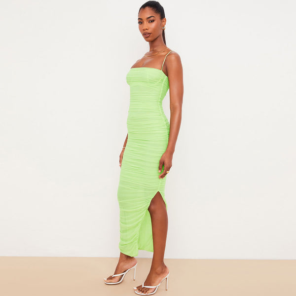 Square Neck High Slit Ruched Mesh Cocktail Party Maxi Dress - Green
